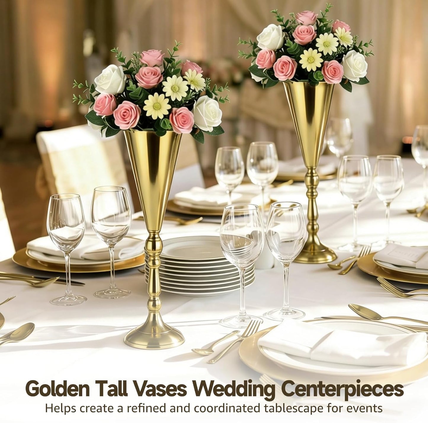 10 jarrones altos dorados para centros de mesa de boda y eventos