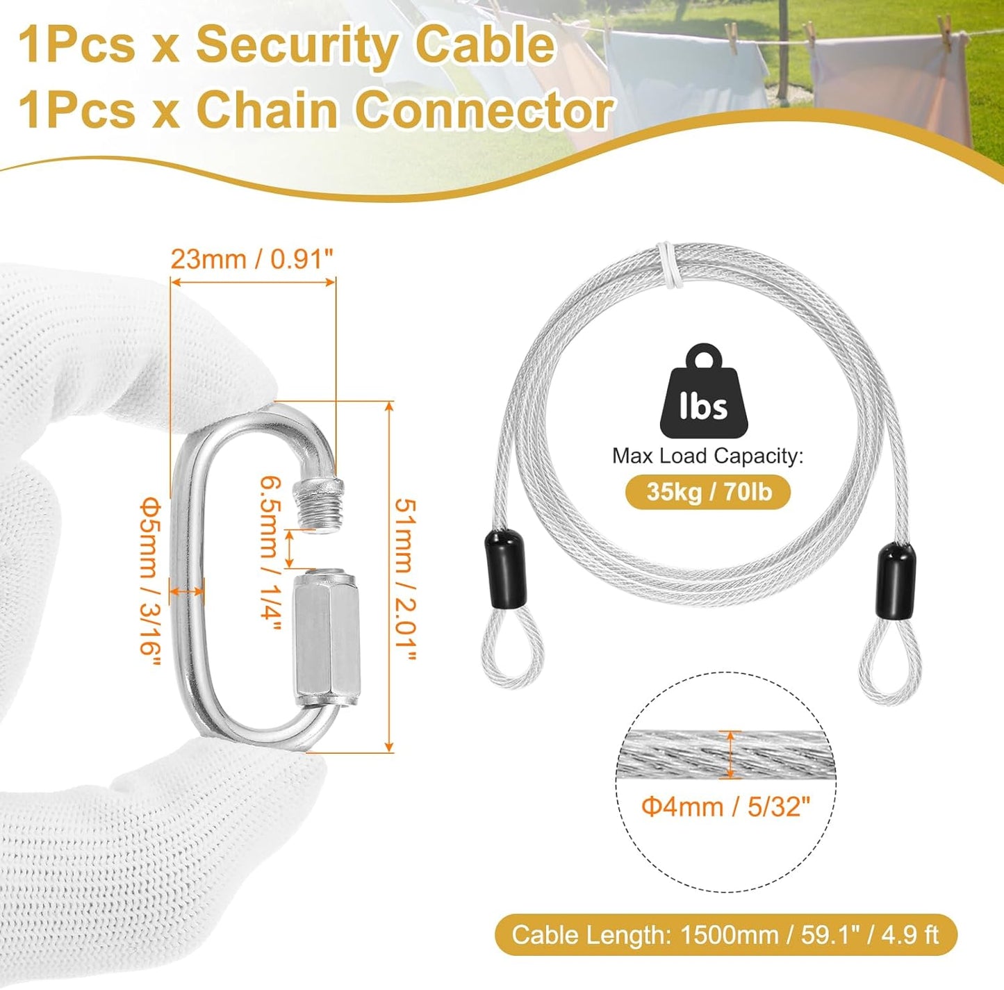 Cable seguridad acero inox doble bucle 4.9ft con conectores