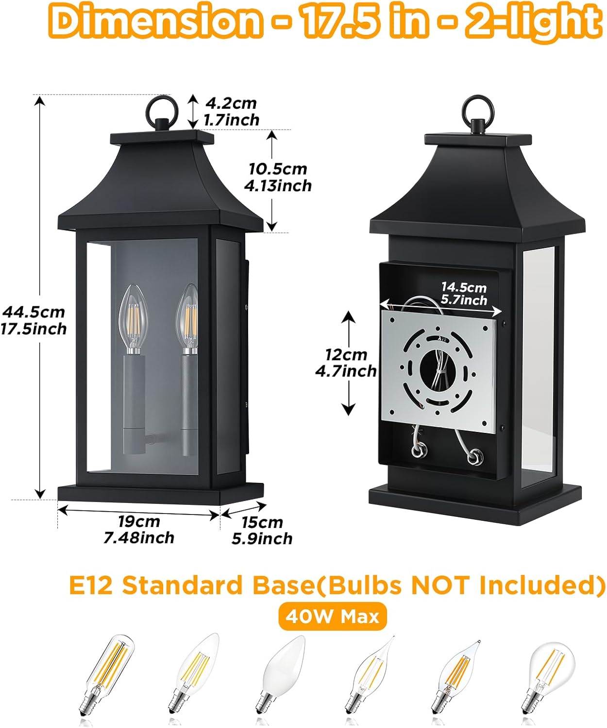 Lámpara pared exterior 18pulg 2 luces negro vidrio impermeable