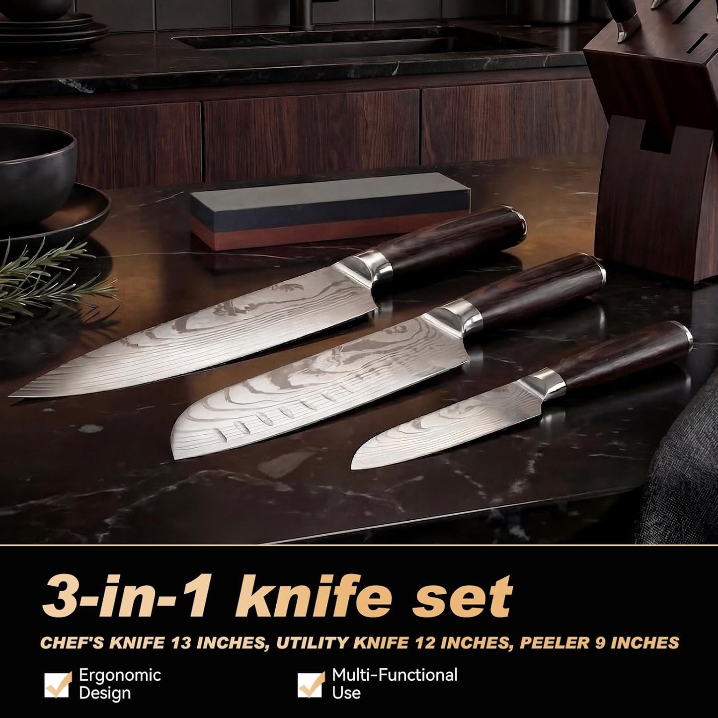 Set 3 Cuchillos Chef Japoneses Hoja Afilada Mango Madera