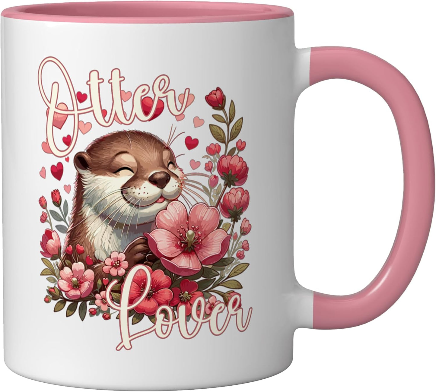 Taza de cerámica de nutria con flores rosas y blancas