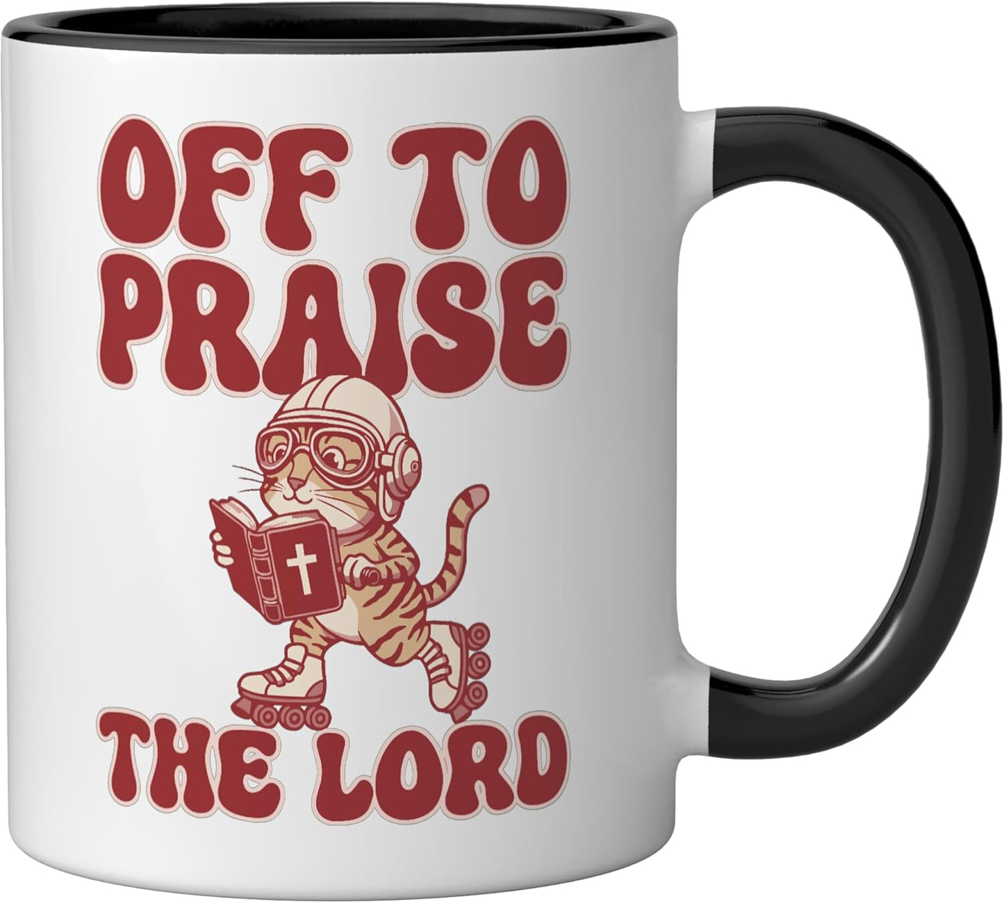 Taza vintage de cerámica para gato tabby con diseño de patineta y texto 'Off To Praise The Lord'