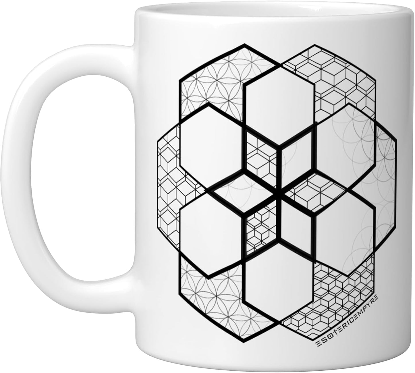 Taza cerámica mandala hexágono miel blanco