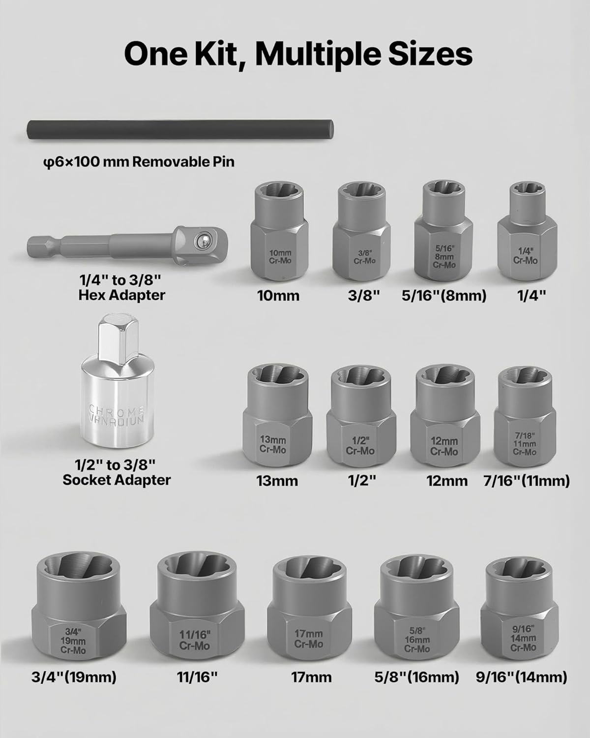Kit extractor pernos 16 pzas acero Cr-Mo con adaptadores