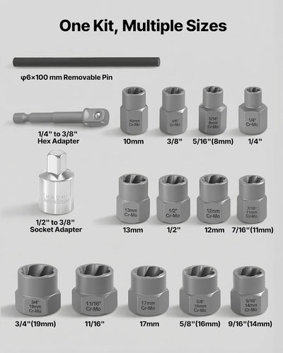 Kit extractor pernos 16 pzas acero Cr-Mo con adaptadores