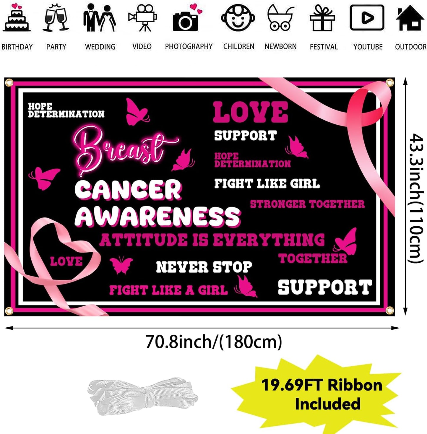 Fondo cinta rosa octubre cáncer mama 71x43pulg 19.7ft