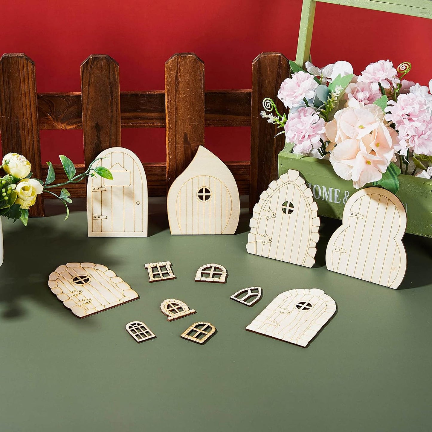 Kit casa hadas 48pzas puerta madera ventanas blancas mini