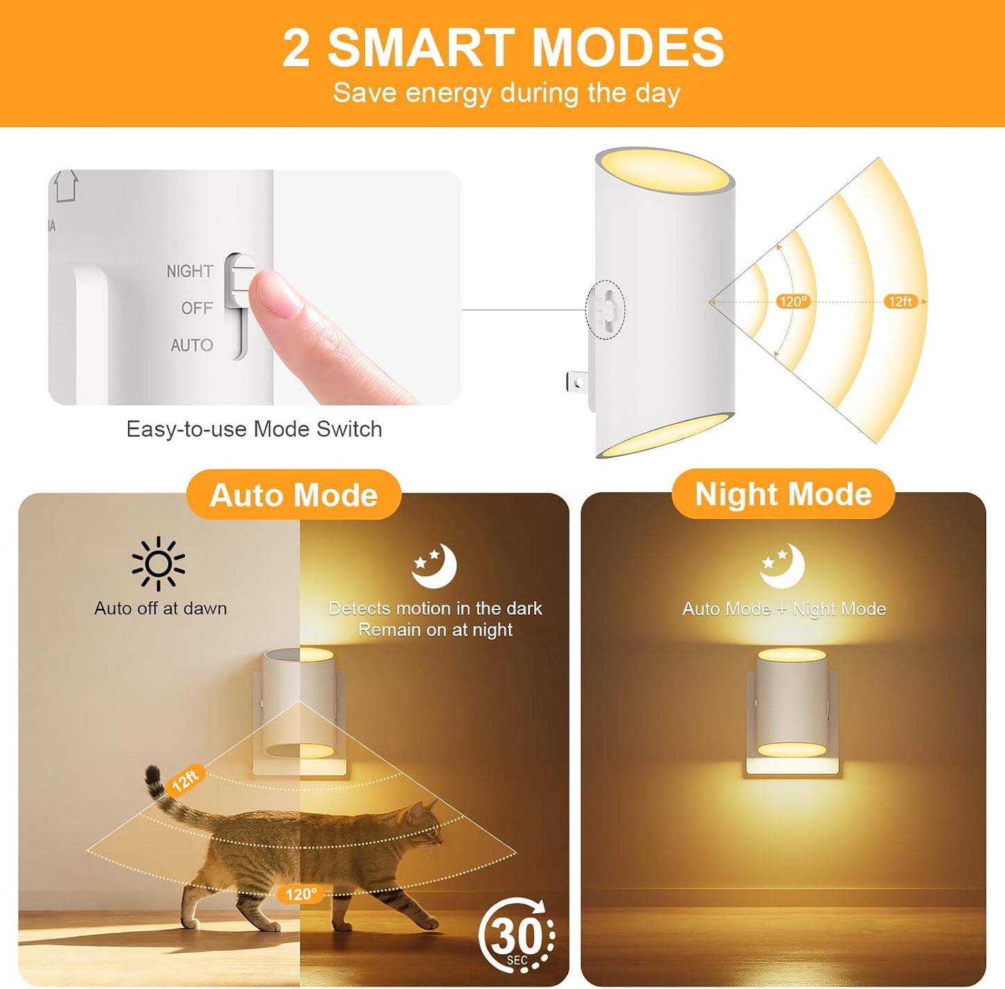 Luz nocturna enchufable sensor movimiento blanco suave