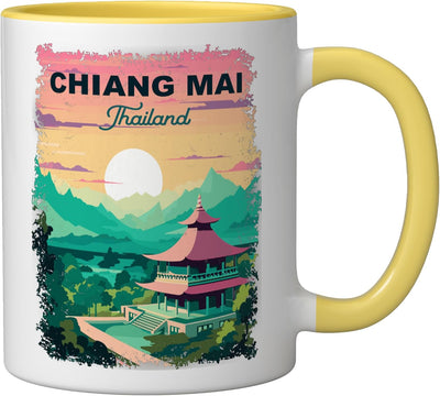 Taza de cerámica vintage Chiang Mai Tailandia amarillo/blanco