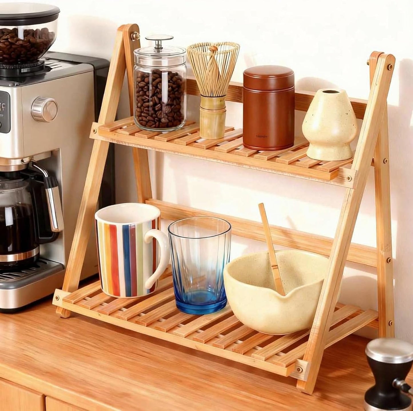 Estante de bambú para tazas y organizador de barra de café de 2 niveles