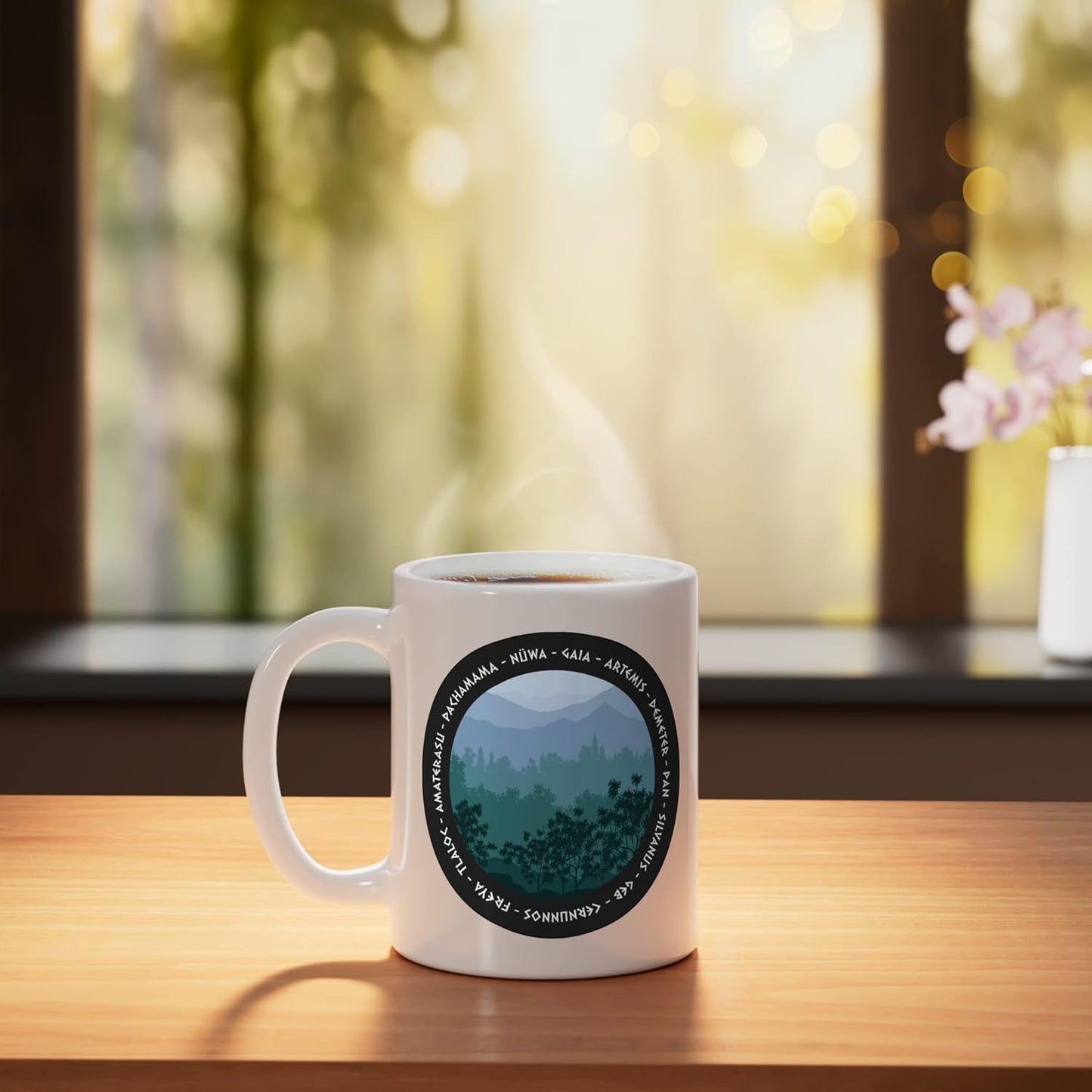Taza de cerámica con símbolos de dioses y diosas de la naturaleza