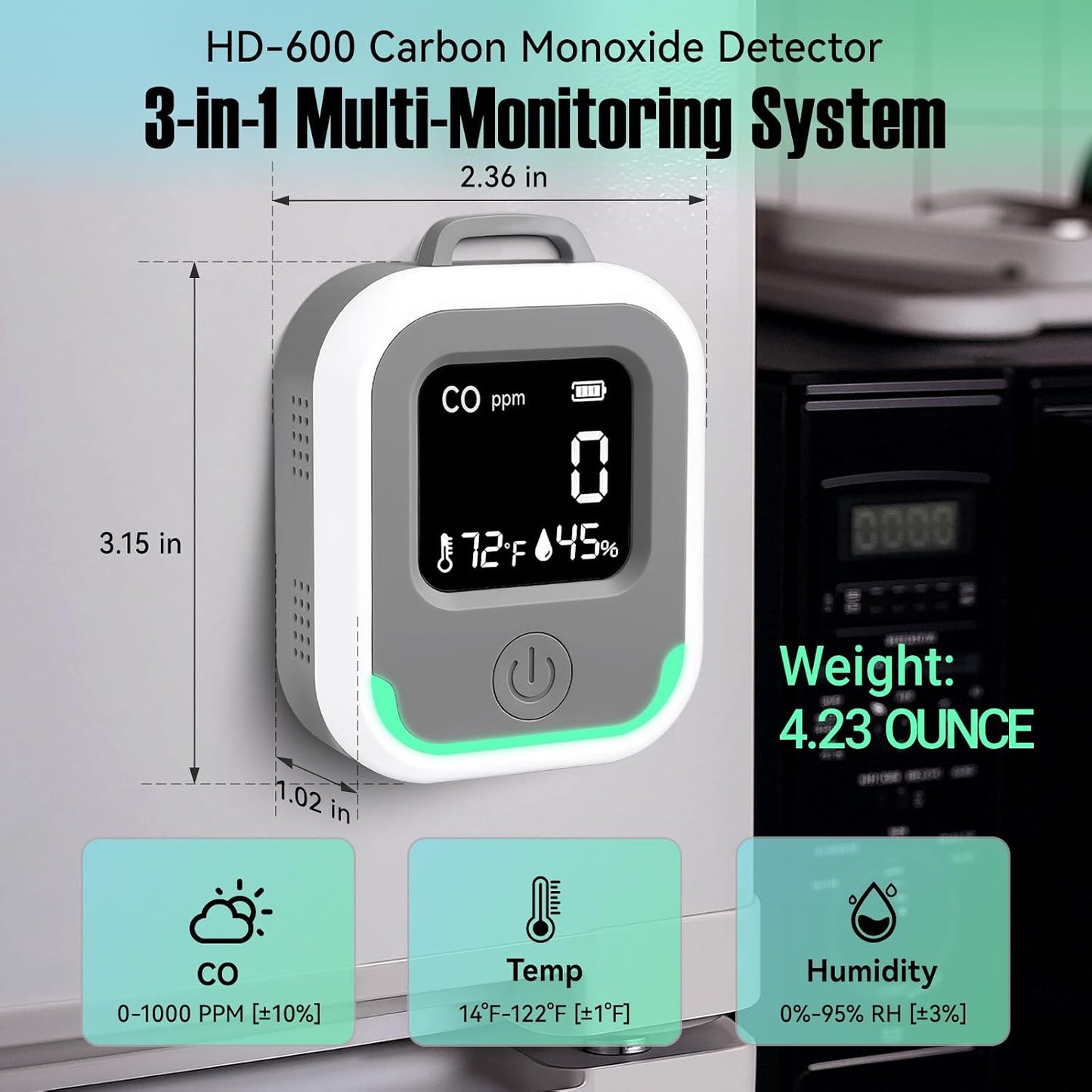 Detector CO portátil 3en1 con temp/humedad alerta vibra
