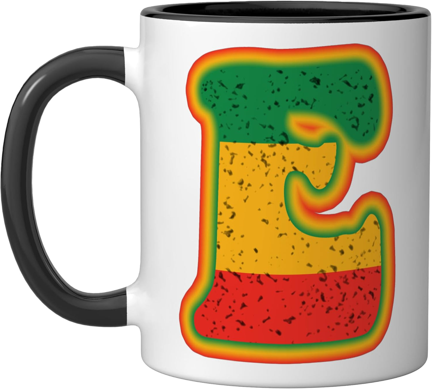 Taza artística retro letter E desgastada en rojo, amarillo y verde