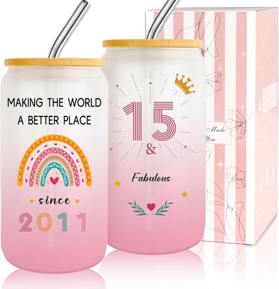 Tazas de feliz cumpleaños 15 para niñas con tapas y pajitas