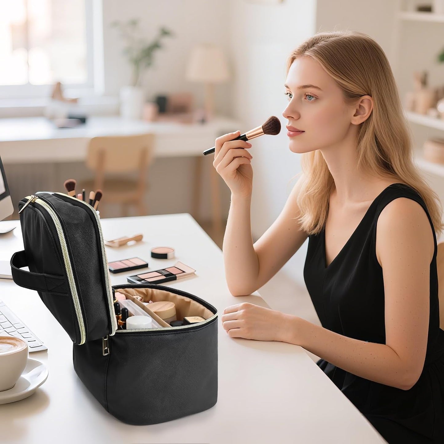 Bolsa maquillaje piel sintética impermeable con espejo y divisor