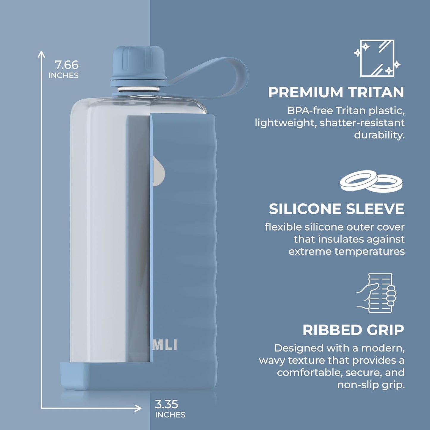 Botella de agua plana Tritan con funda de silicona cuadrada azul claro