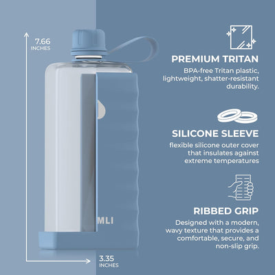 Botella de agua plana Tritan con funda de silicona cuadrada azul claro
