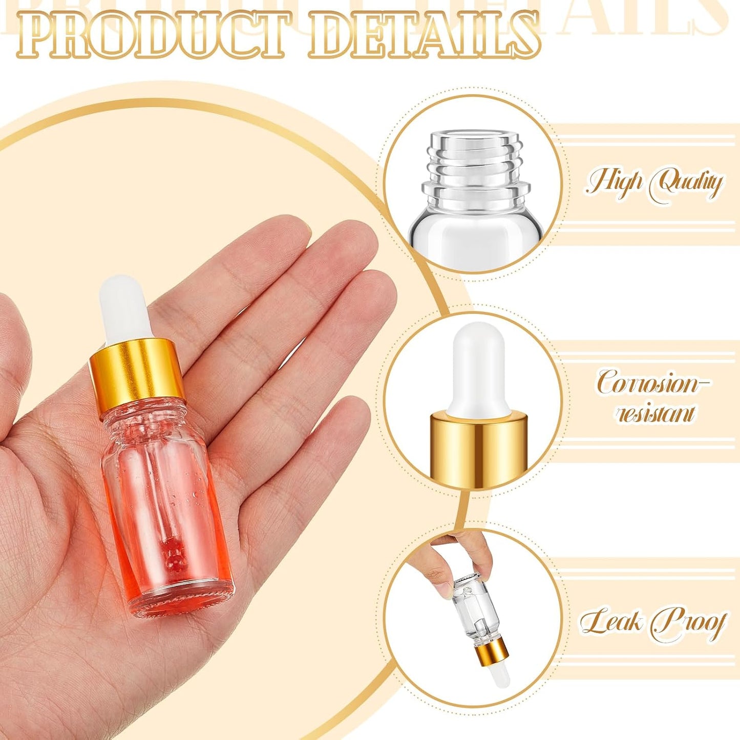 200 Botellas Vidrio 0.3oz Gotero Transparente Viaje Dorado