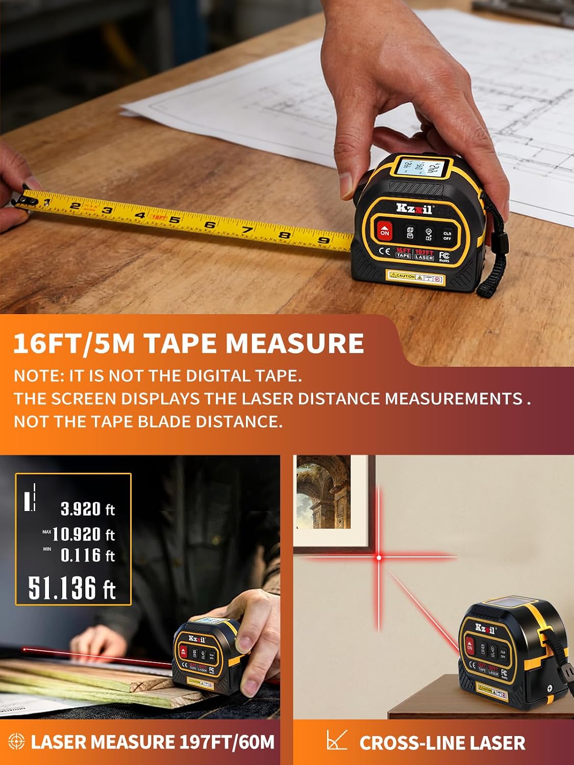 Cinta métrica láser 4en1 196ft con cinta 16ft LCD retroiluminada