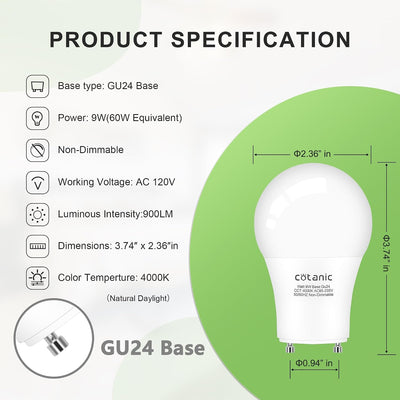 Pack 12 Bombillas LED GU24 4000K 9W CRI85 Base Bloqueo Giro
