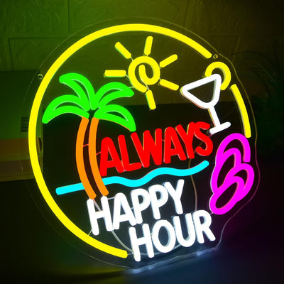 Letrero neón Always Happy Hour con palmera para cóctel