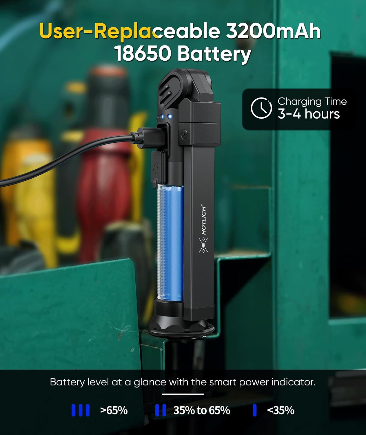 Luz mecánica magnética 800lm recargable con base y gancho