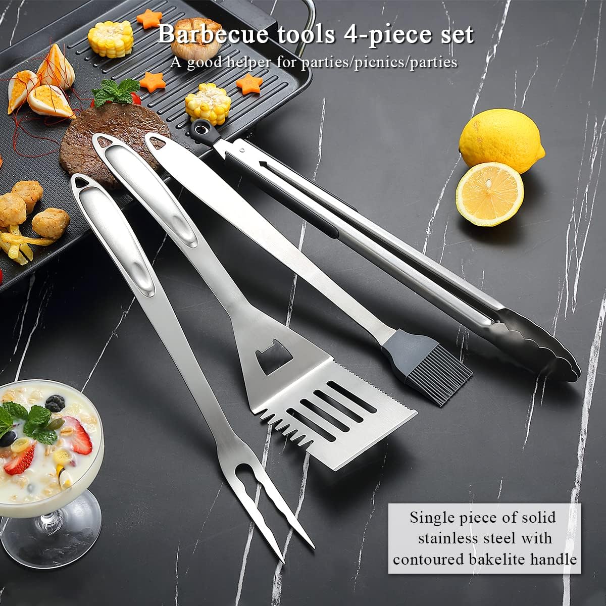 Juego 4 Pzas Accesorios Parrilla Acero Inox Mango Baquelita