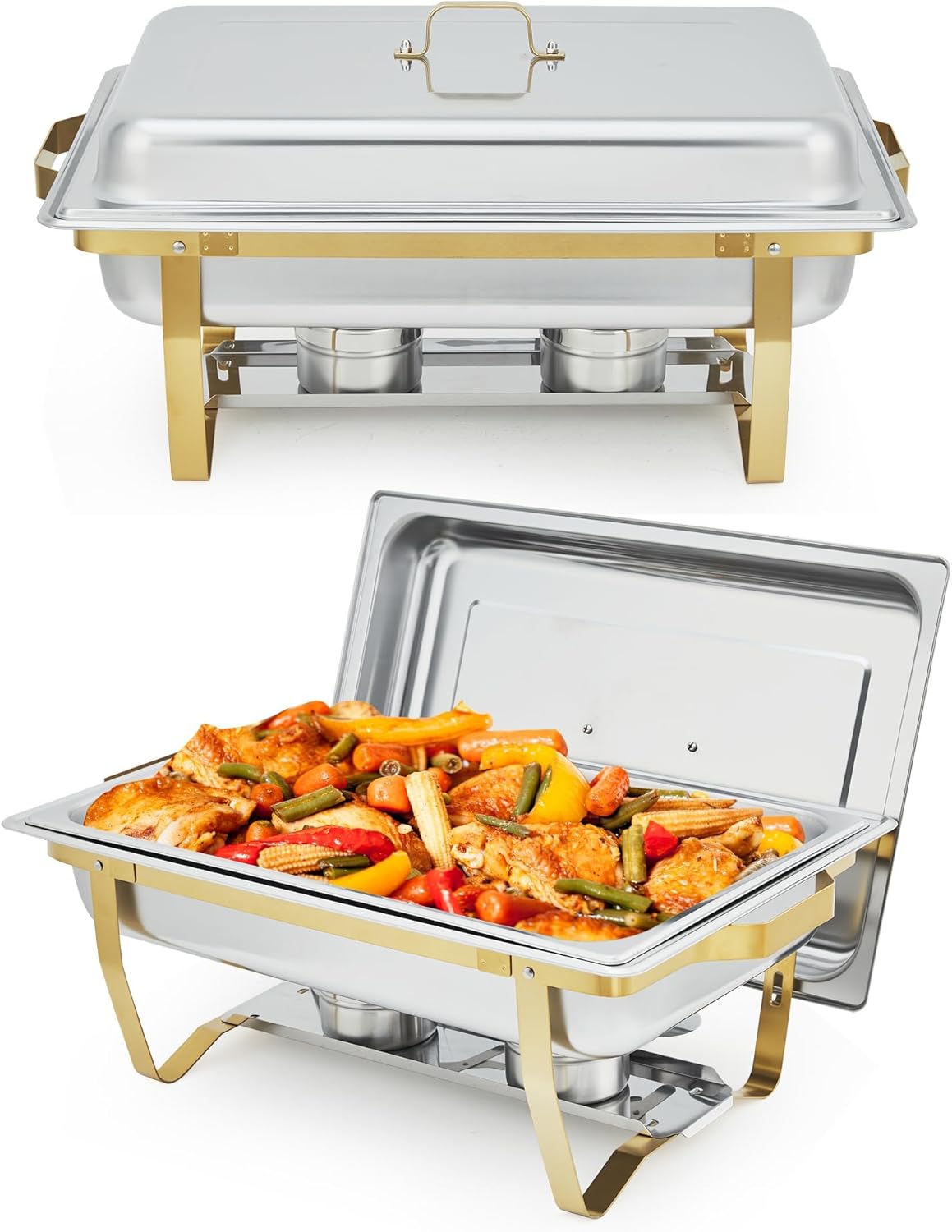 Jgo 2 platos acero inox 8qt con tapa calentador rectangular dorado