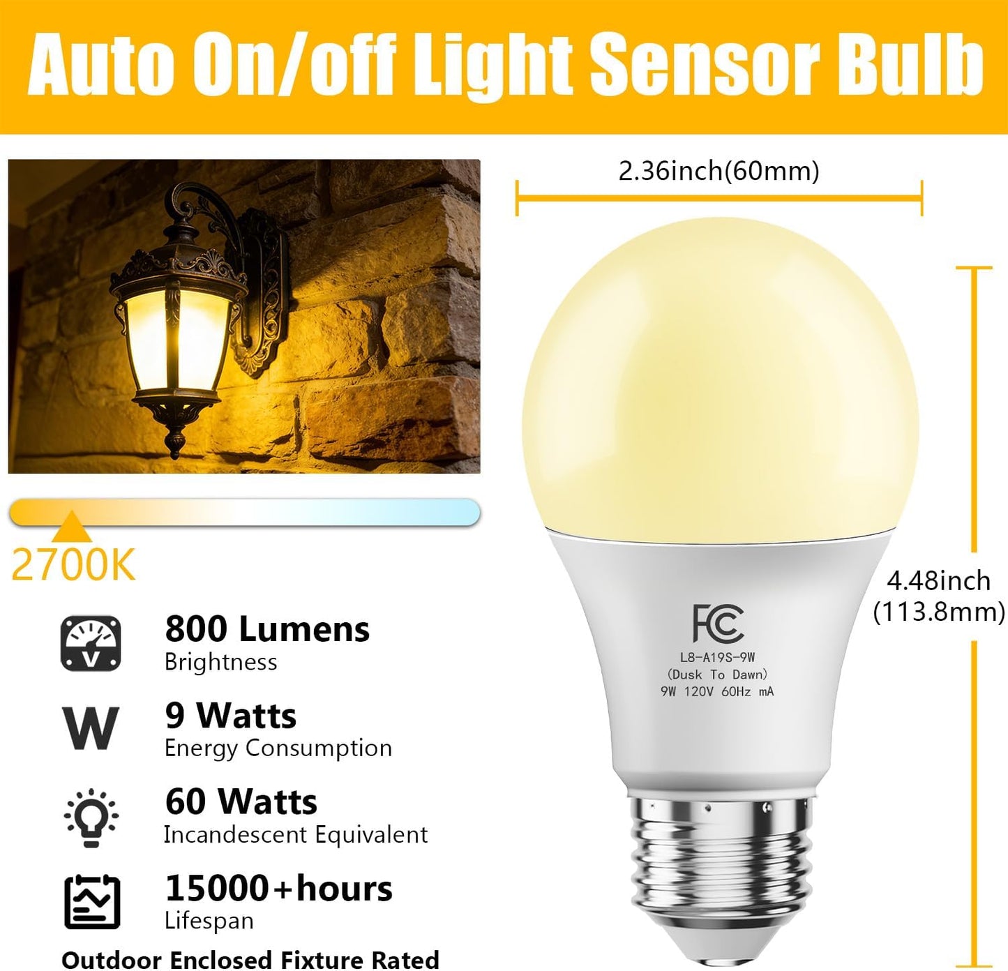 Pack 4 Bombillas A19 Exterior 9W Sensor Luz Automático