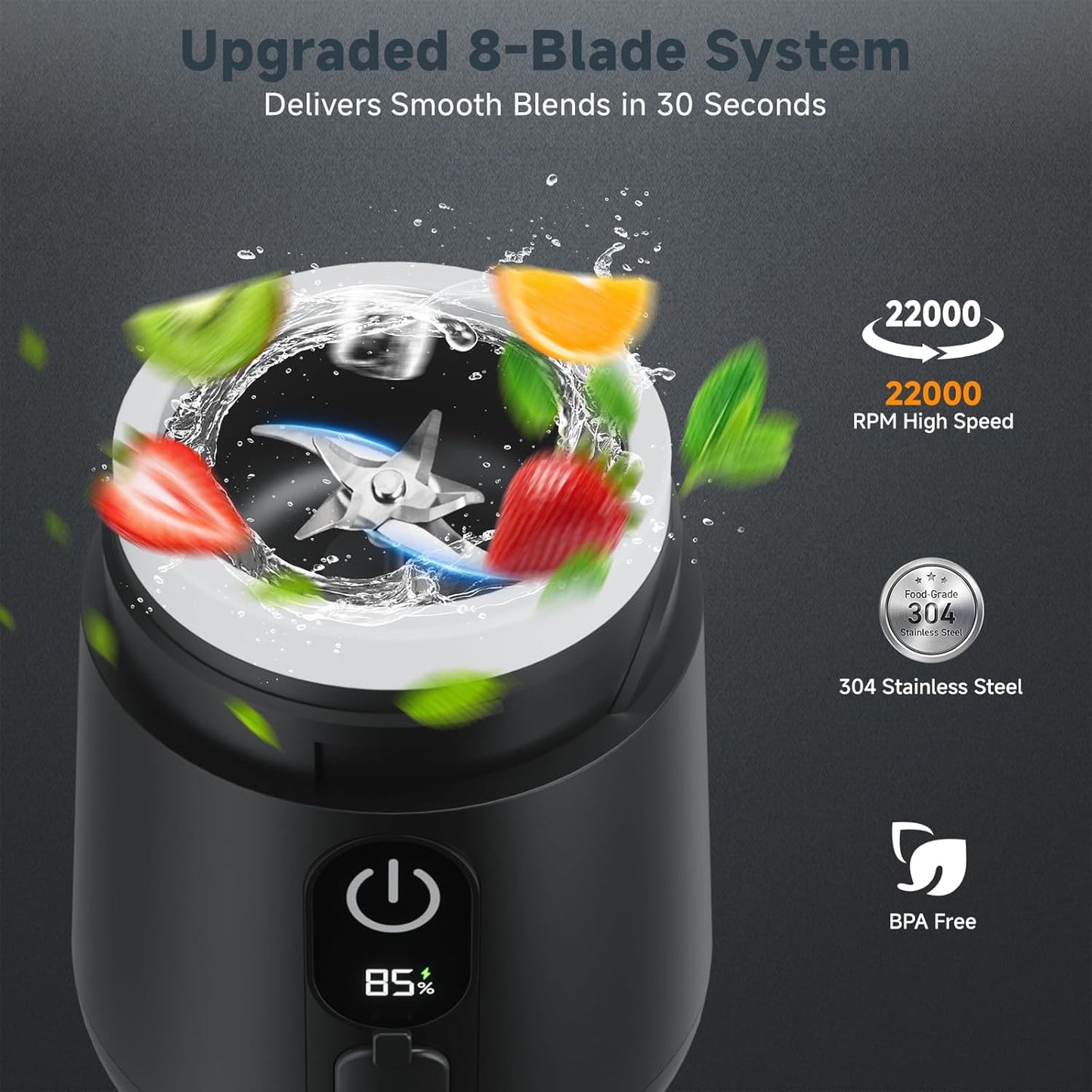 Licuadora portátil de 17 oz con vaso exprimidor USB C y 8 cuchillas, negro