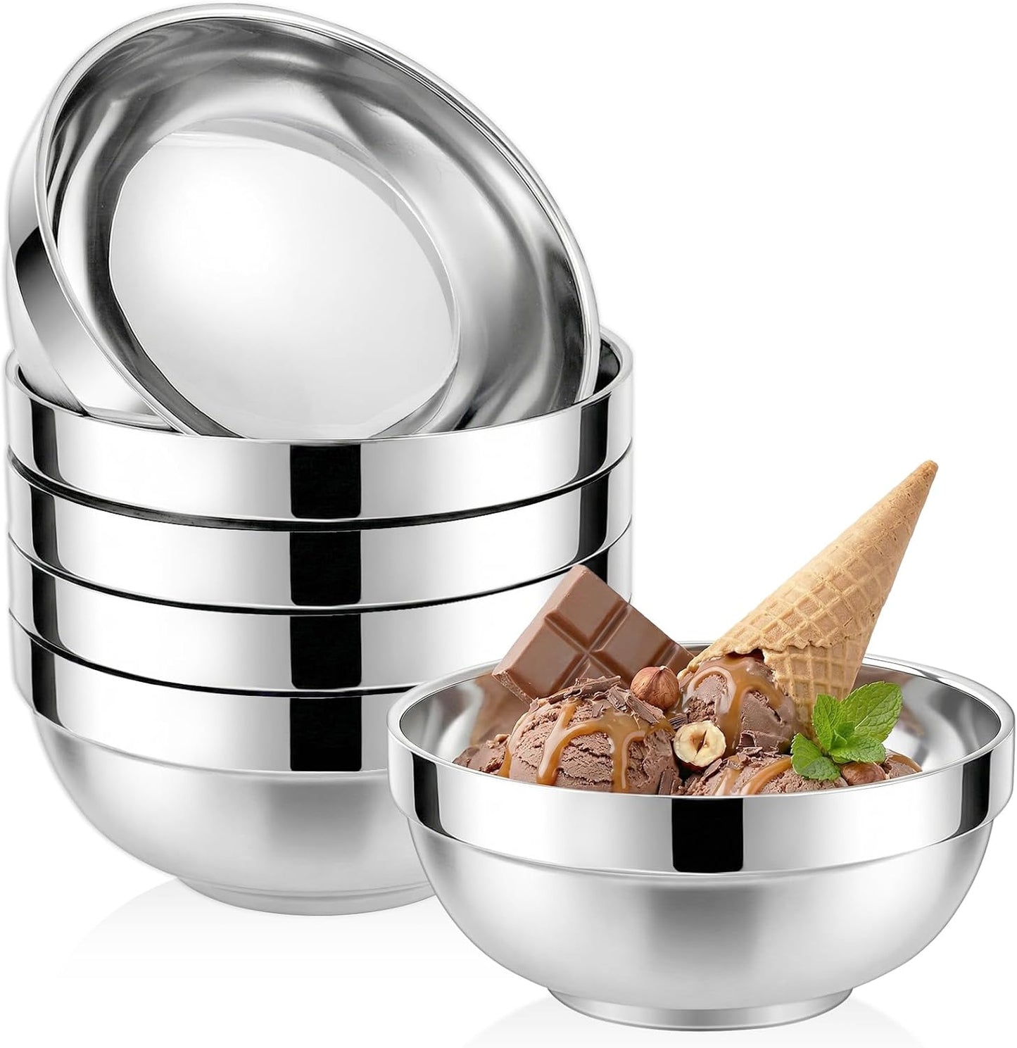 Paquete de 6 cuencos de acero inoxidable aislados doble pared 15 oz para sopa, arroz, cereales y aperitivos