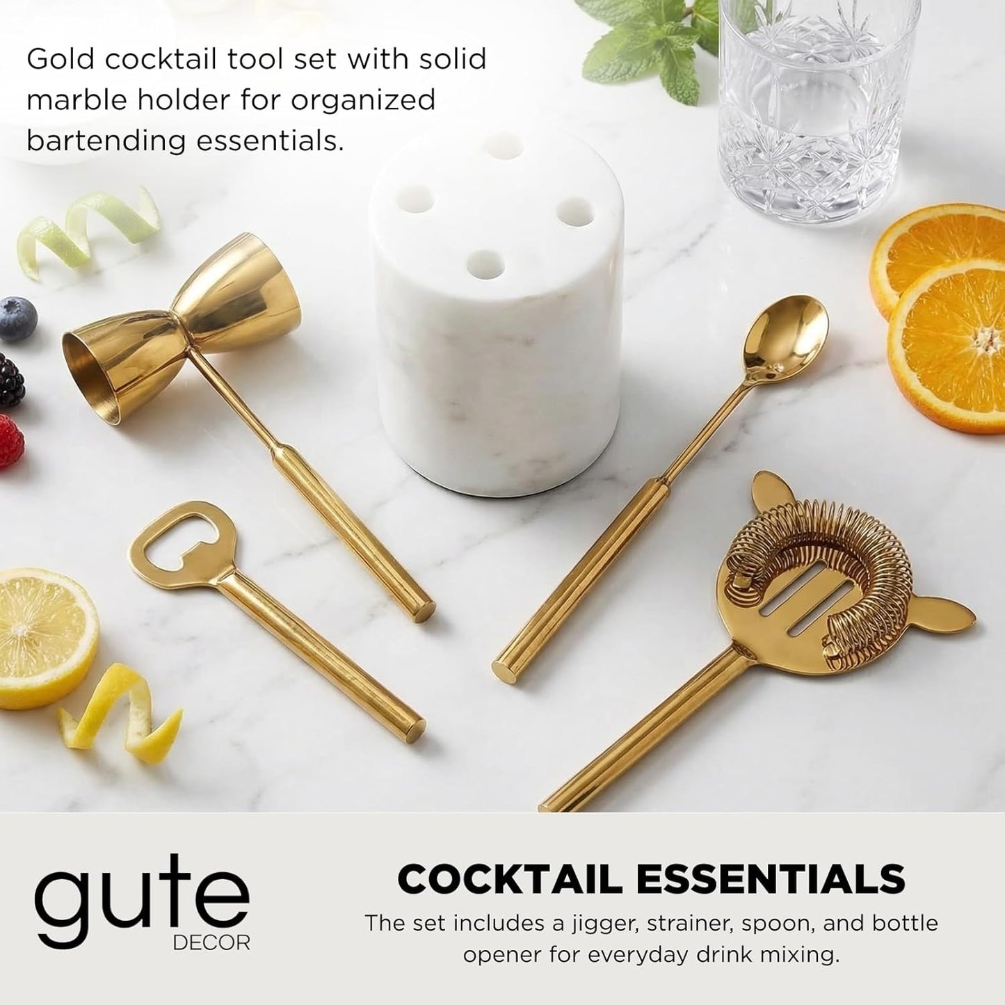 Kit 5 Pzas Barman Oro Mármol Soporte Acero Inox
