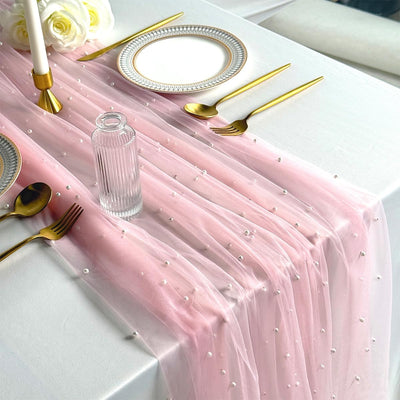 Camino mesa tul rosa 120pulg con perlas decoración boda cumpleaños