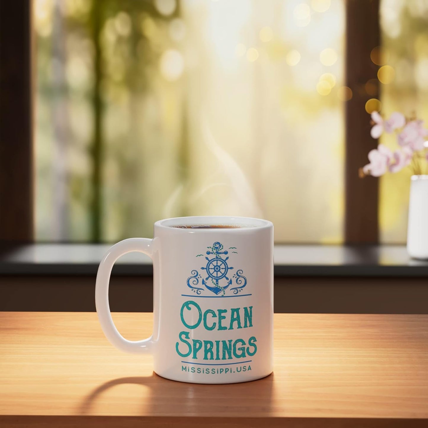 Taza Cerámica Diseño Náutico Blanca Ocean Springs