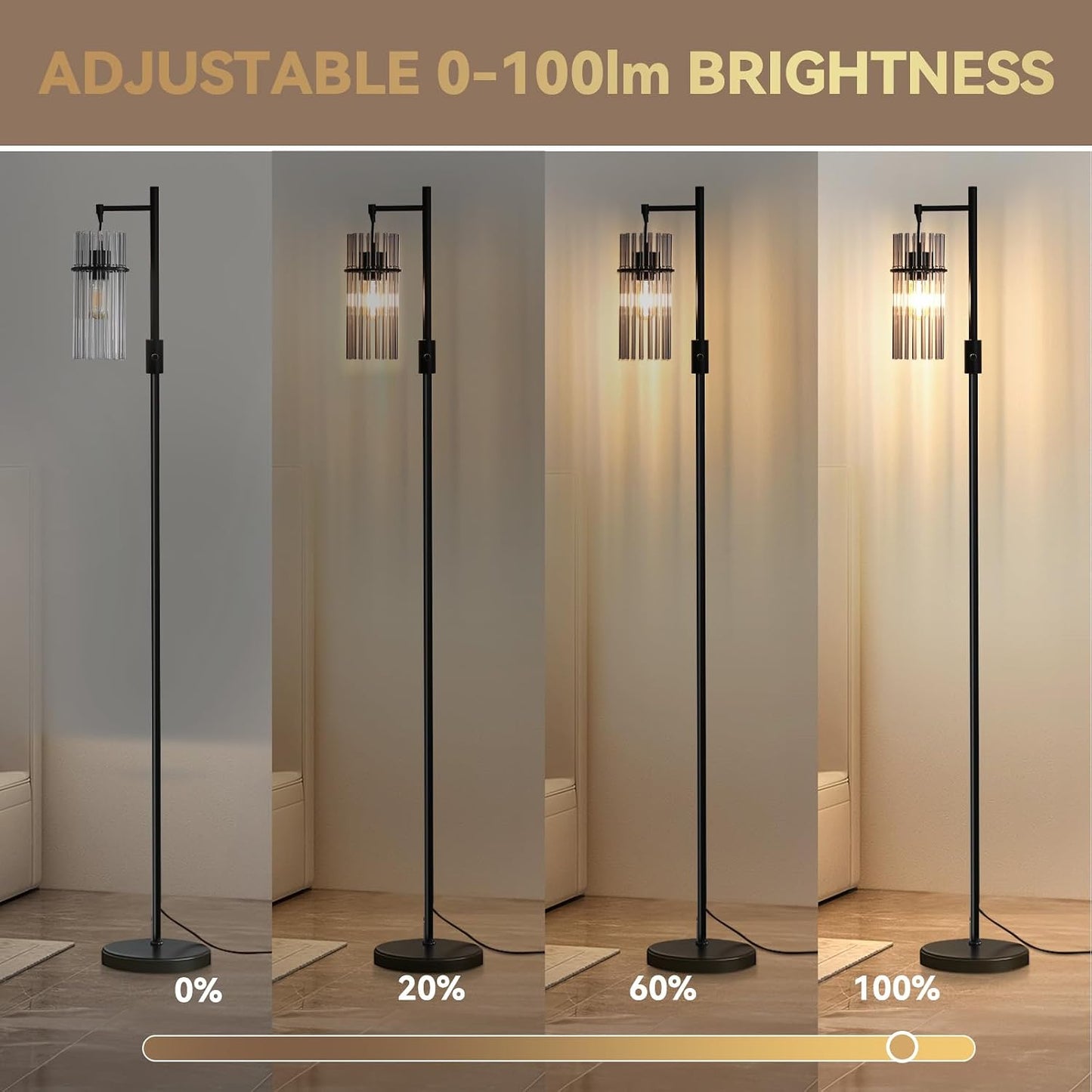 Lámpara pie cristal regulable 3 cabezales LED negro