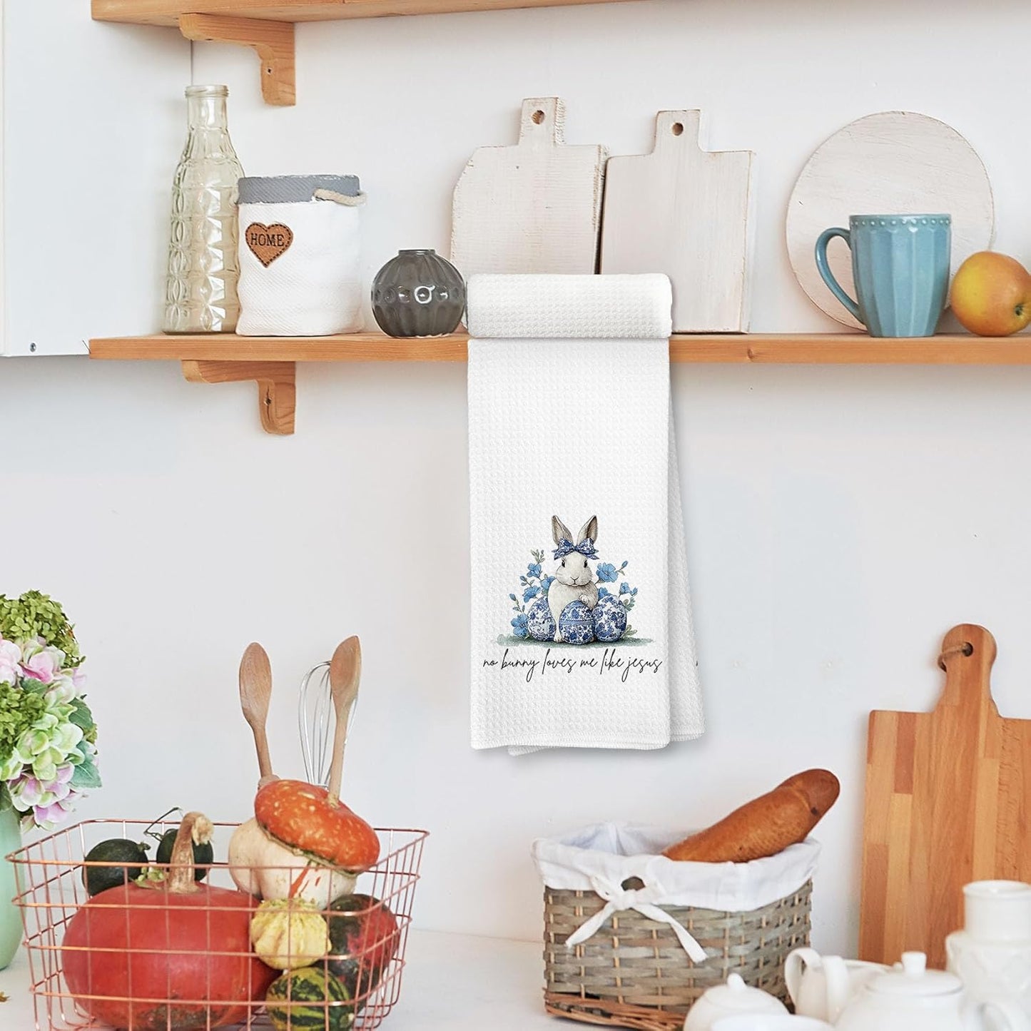 Toallas de cocina de conejo de Pascua Voatok Chinoiserie decoración regalo mujer plato floral azul y blanco 16x24