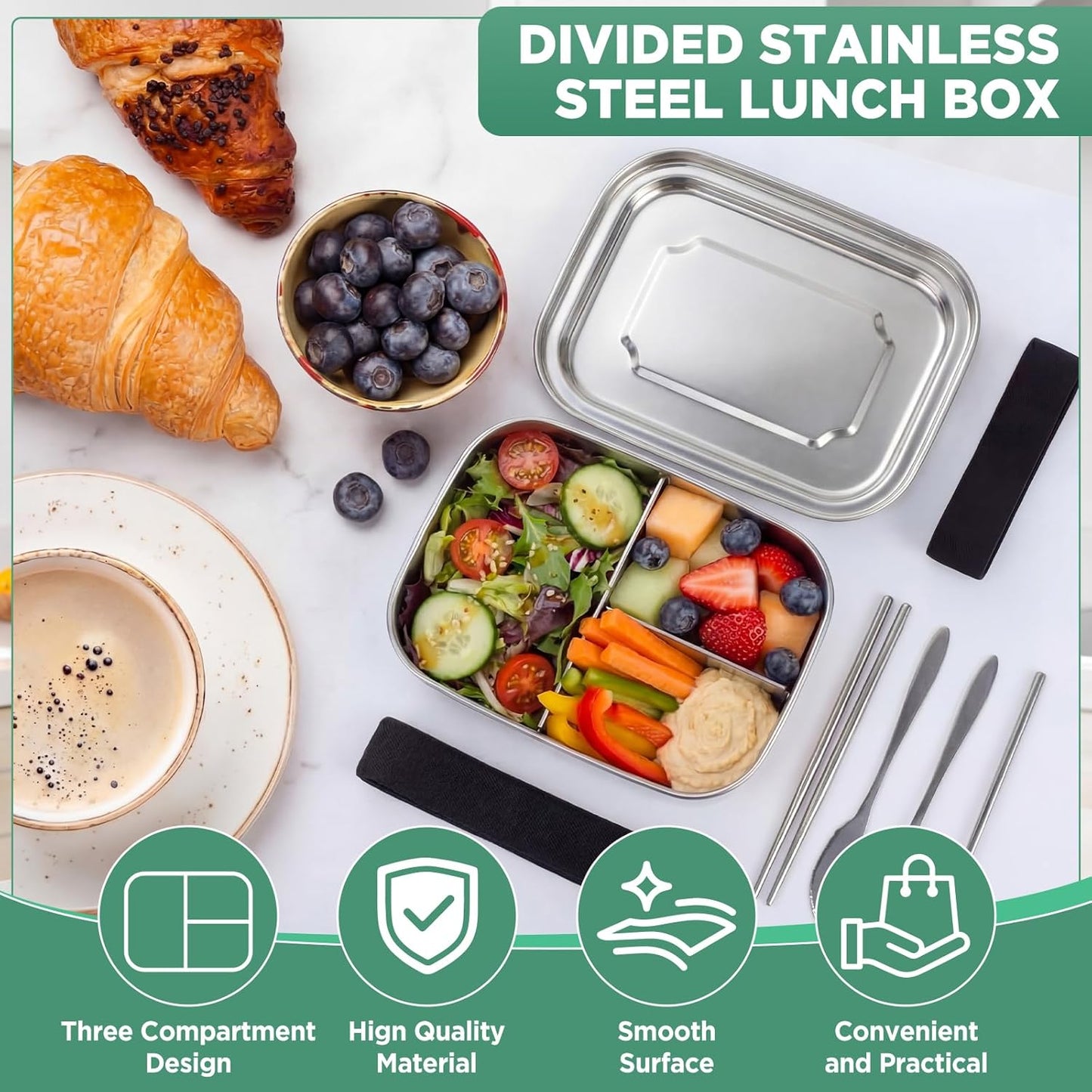 Caja Bento 28 Pzas Acero Inox 3 Compartimentos Cubiertos