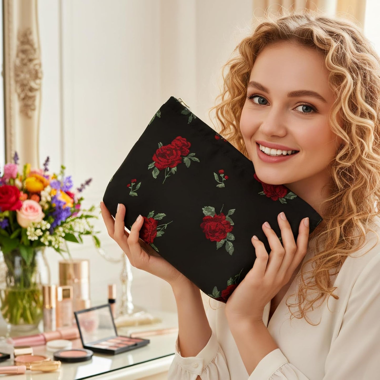 Bolsa cosmética para viaje mujer con flores gran capacidad