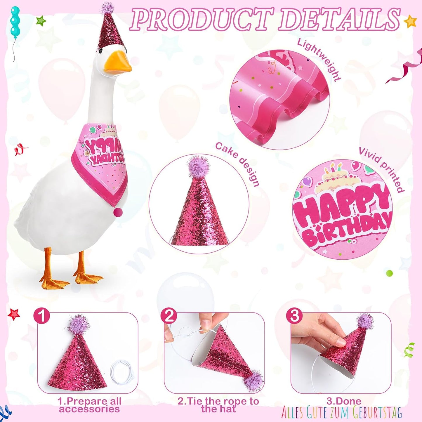 Disfraz ganso cumpleaños con sombrero purpurina 23x17pulg