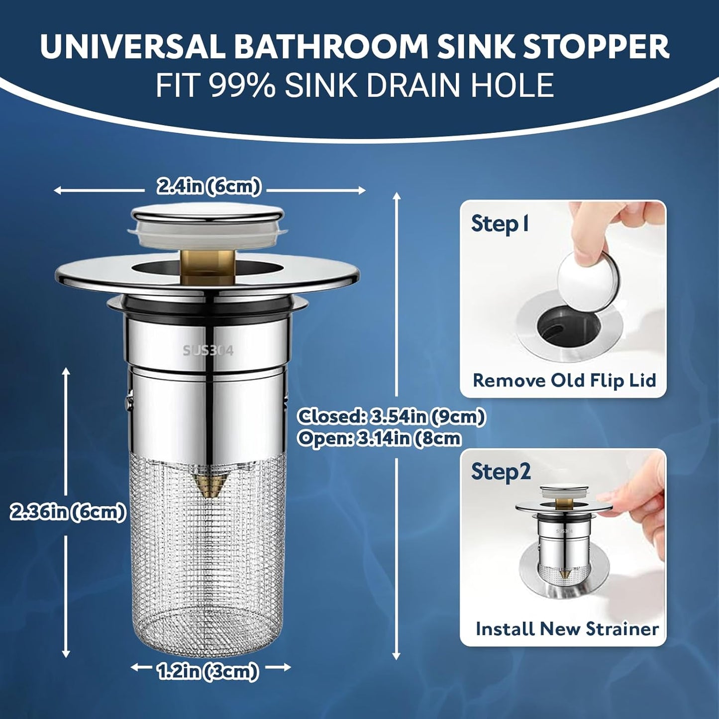 Pack 2 Coladores Drenaje Baño Tapón Universal Acero Inox