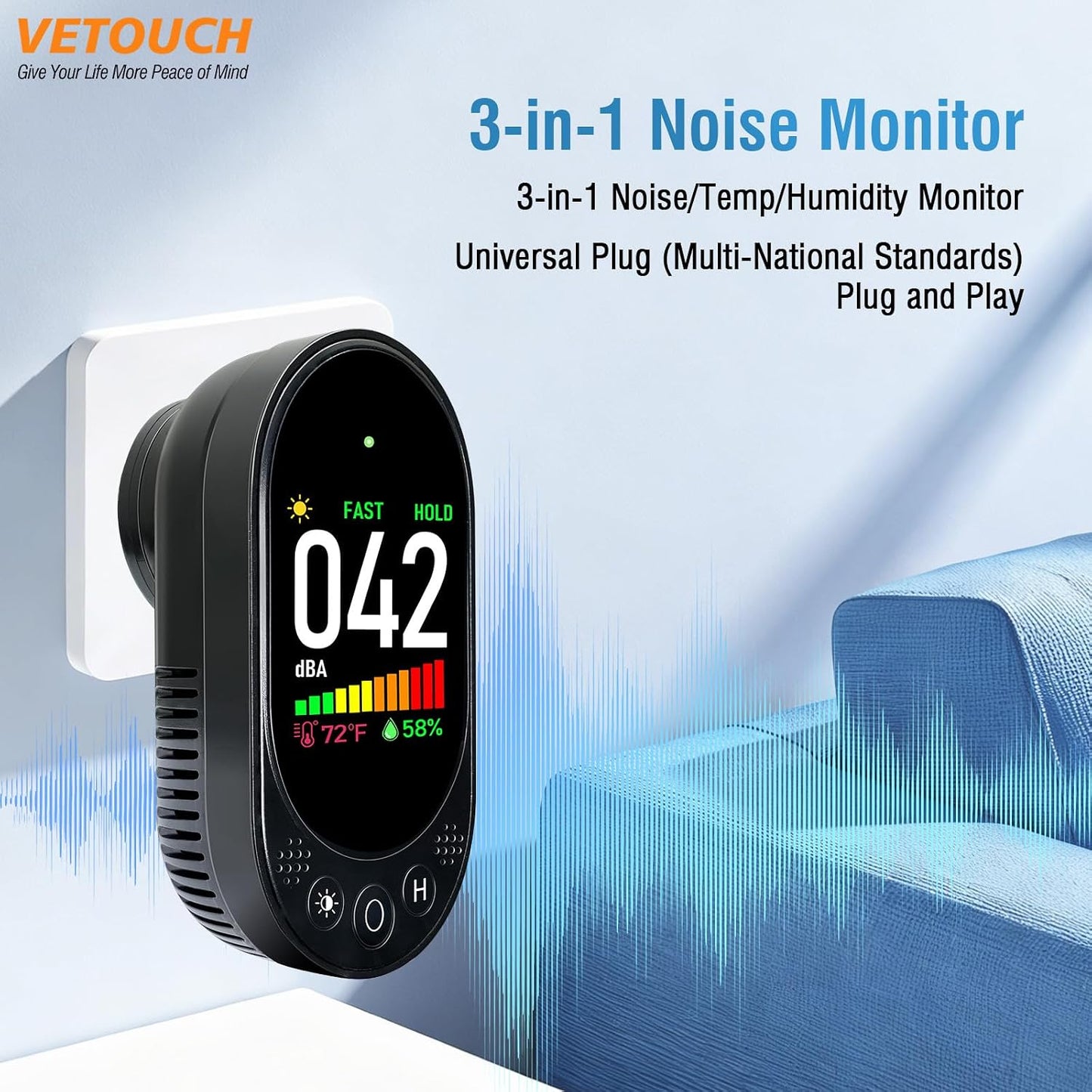 Medidor ruido enchufable 3 en 1 con temperatura humedad