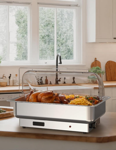 2 Pzas Calentador Alimentos Acero Inox 4.5qt Tapas Transparentes