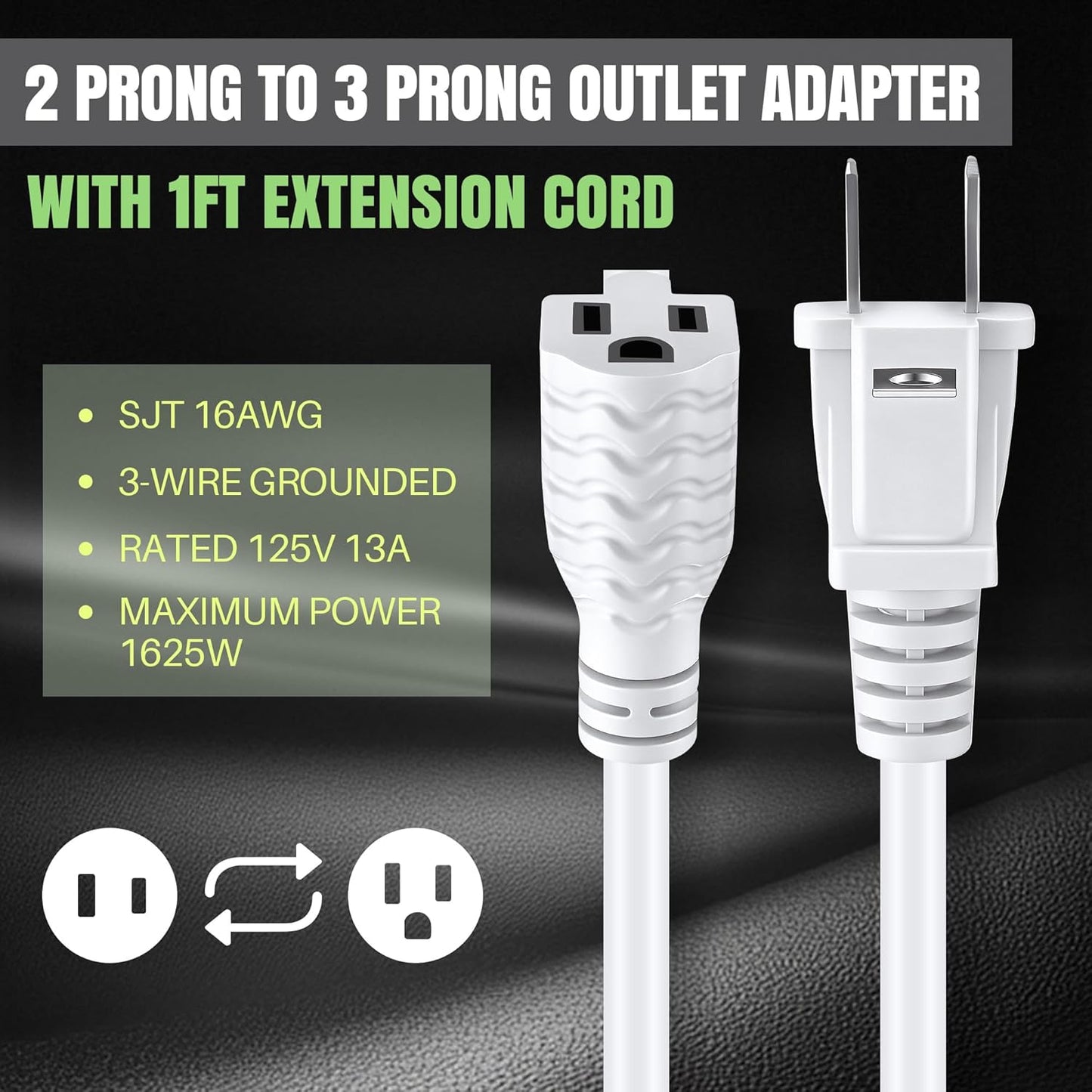 Adaptador 2 a 3 clavijas con cable extensión ignífugo 16 AWG