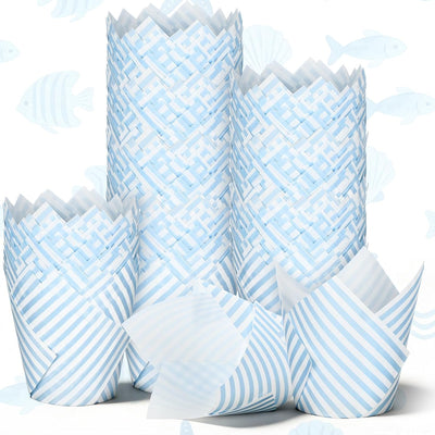 Forros para cupcakes tulipanes a rayas azules y blancas, cuadrados azules y blancos
