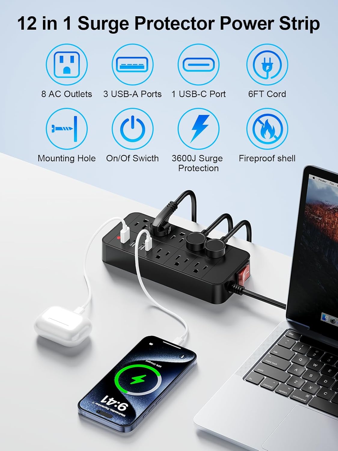 Regleta sobretensiones con 8 salidas USB-C y USB-A 5pies