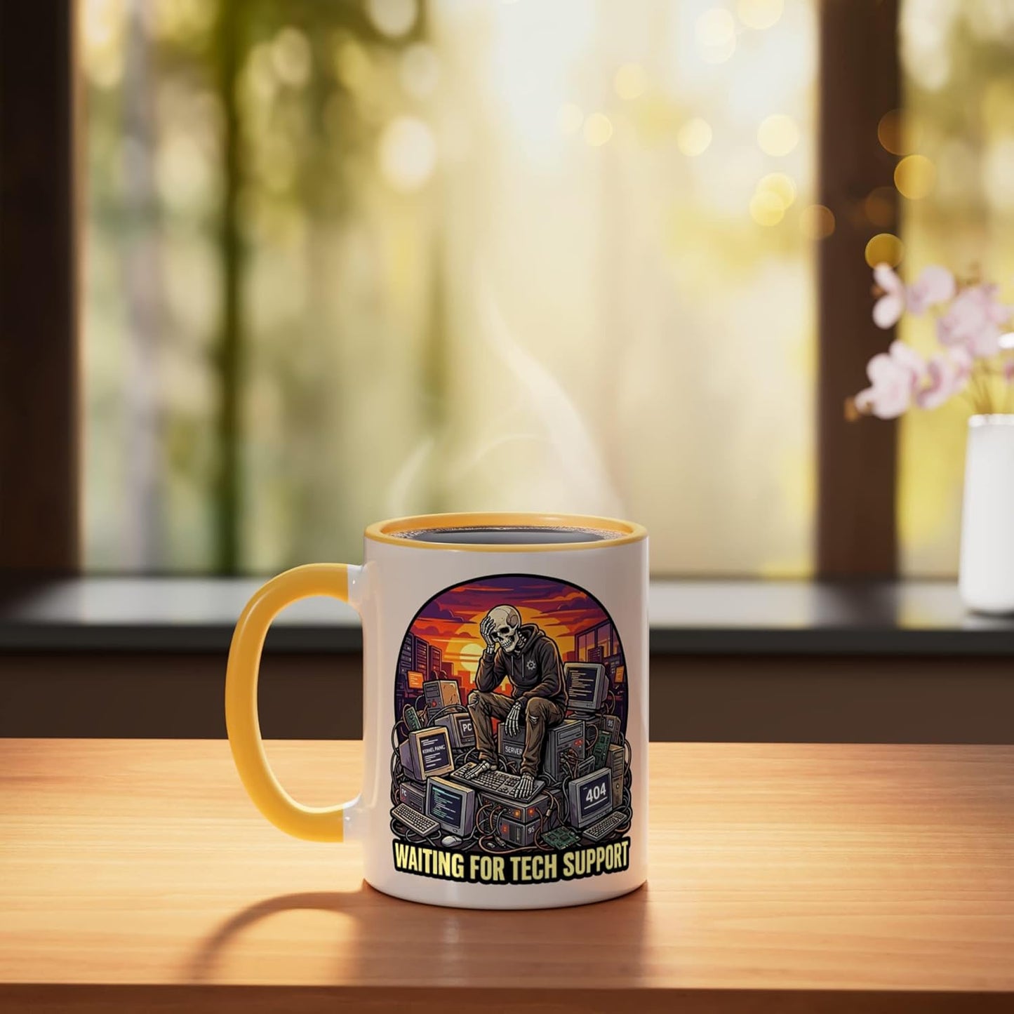 Taza Cerámica Esqueleto Computadora Soporte Amarillo Blanco