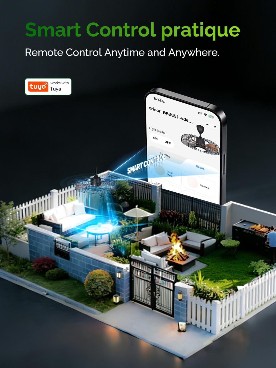Ventilador techo exterior con luz 24pulg control app regulable 3CCT
