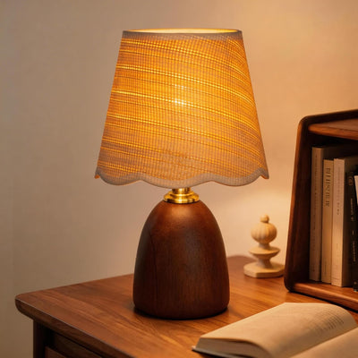 Lámpara mesa madera nogal pantalla tejida regulable 3 colores