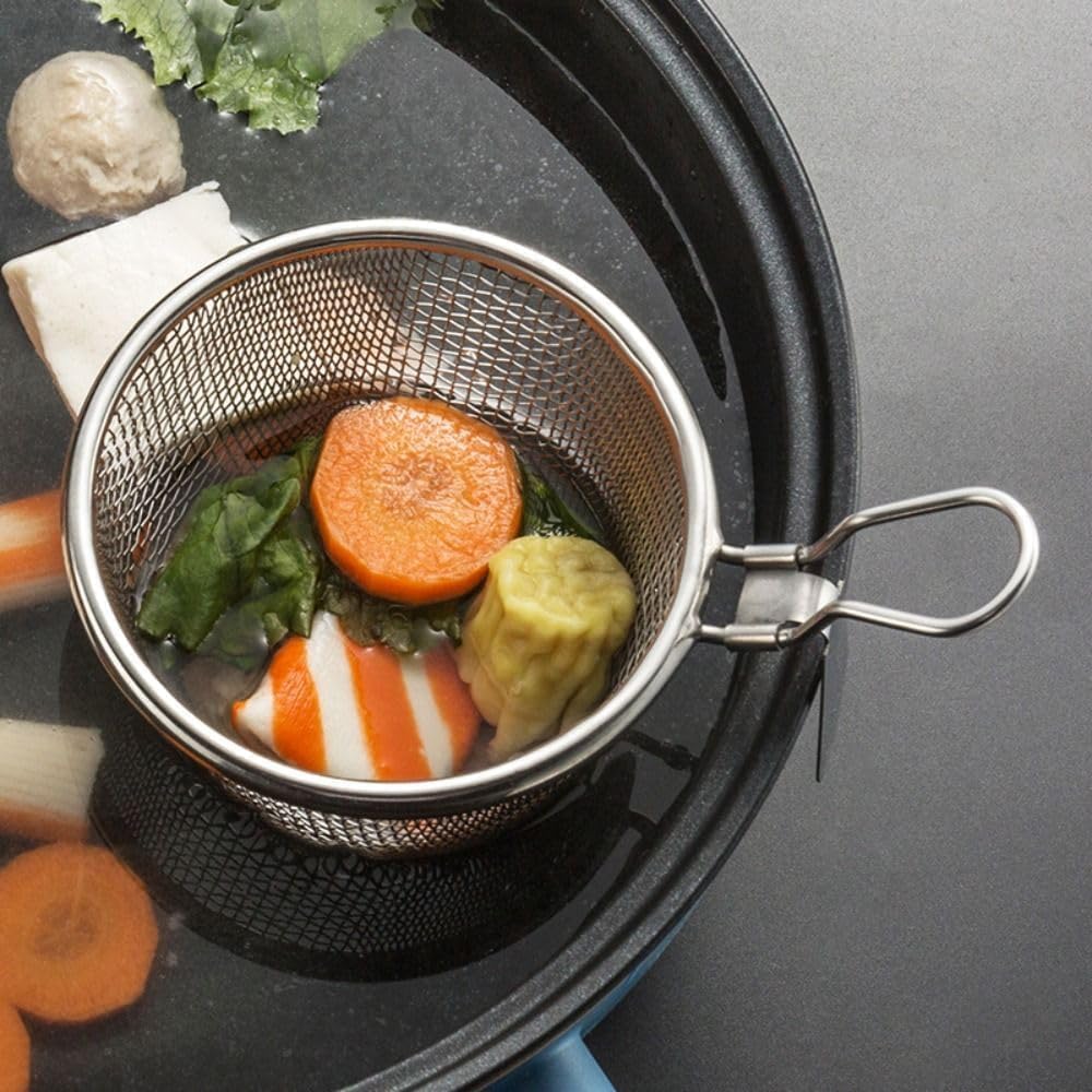 Cesta de pasta de acero inoxidable con colador de malla fina y mango