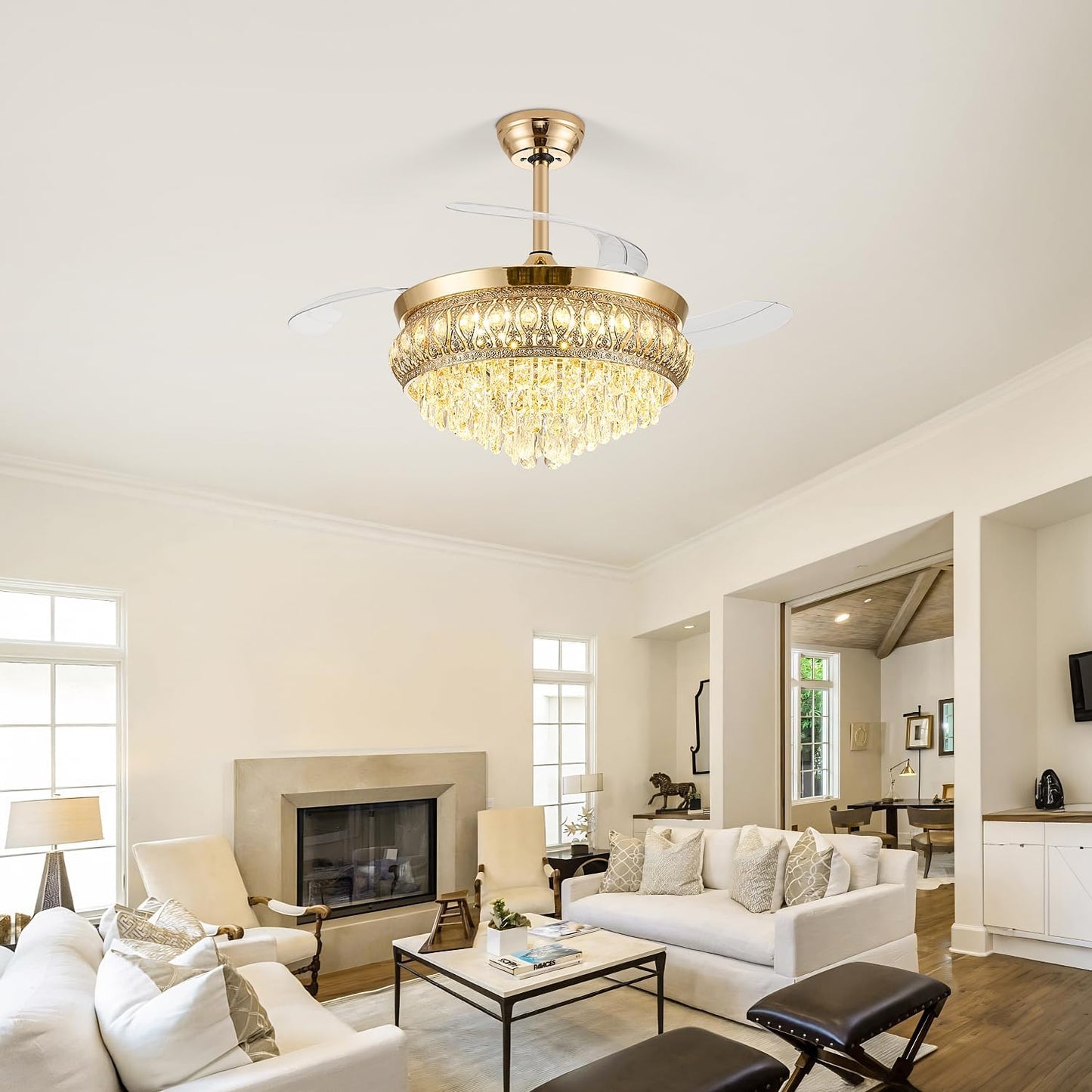 Ventilador techo 48pulg luz retráctil cristal control remoto dorado